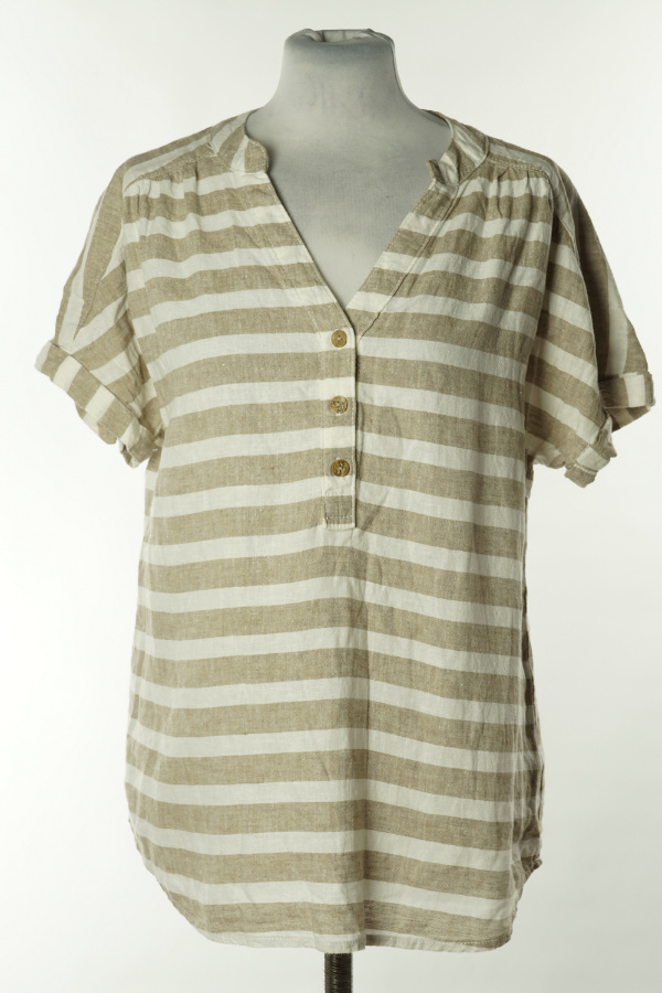 Bluzka w beżowo - białe paski, w składzie len (55%) oraz wiskoza (45%) - NUTMEG zdjęcie 1