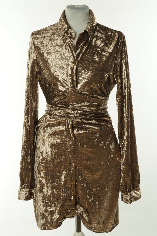 Sukienka beżowa welurowa połyskująca w napisy - SHEIN zdjęcie 1