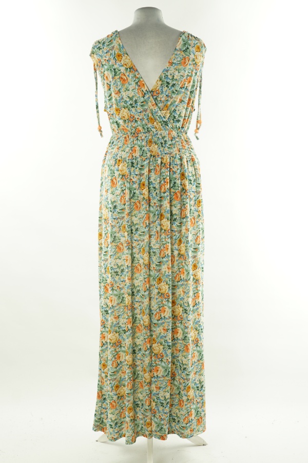 Sukienka niebieska w pomarańczowe kwiaty z gumką w talii - BRAK METKI Z NAZWĄ PRODUCENTA zdjęcie 2