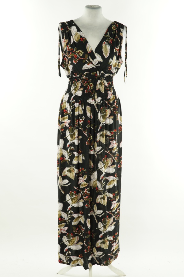 Sukienka czarna w kwiaty z gumką w pasie - BRAK METKI Z NAZWĄ PRODUCENTA zdjęcie 1