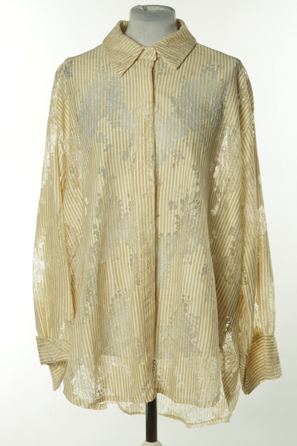 Koszula beżowo-biała w paski z koronkowymi wstawkami - BRAK METKI Z NAZWĄ PRODUCENTA zdjęcie 1