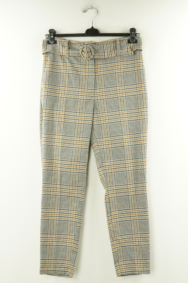 Spodnie beżowe kraciaste z paskiem - CAROLINA BELLE zdjęcie 1