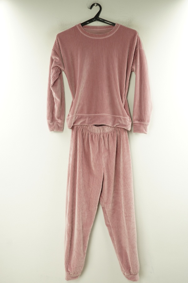 Komplet dresowy welurowy różowy prążkowany - MATALAN zdjęcie 1
