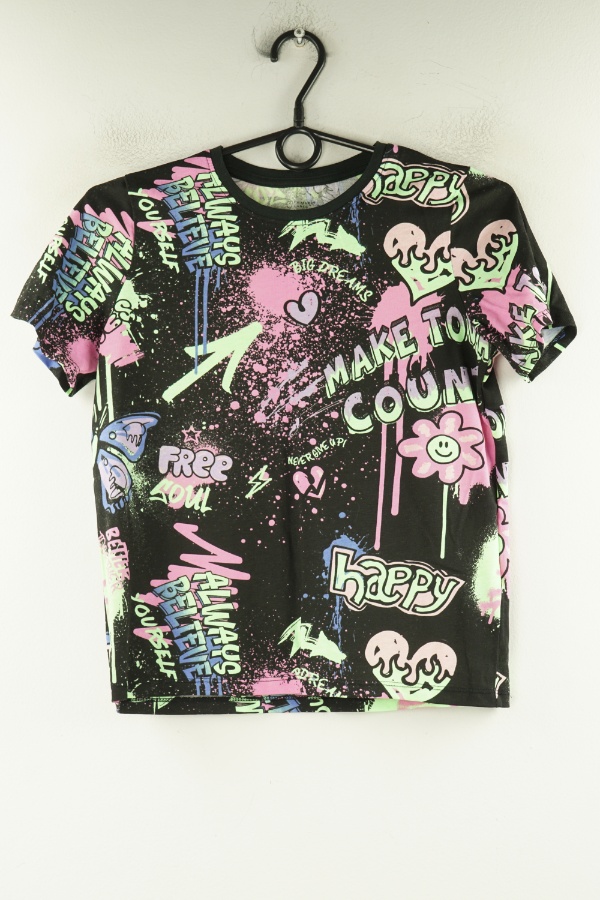 Koszulka czarna w różowo-zielone napisy - PRIMARK zdjęcie 1