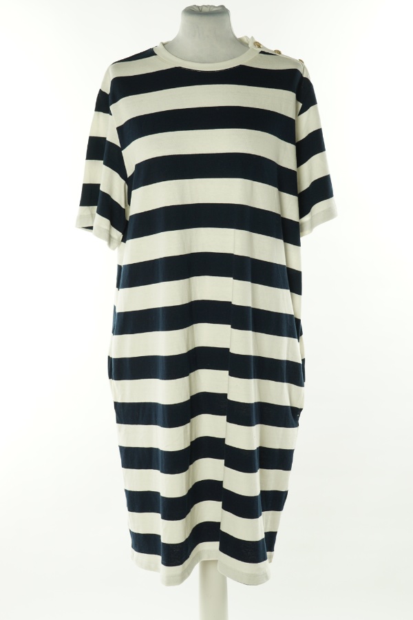 Sukienka kremowo-granatowa w paski zdjęcie 1