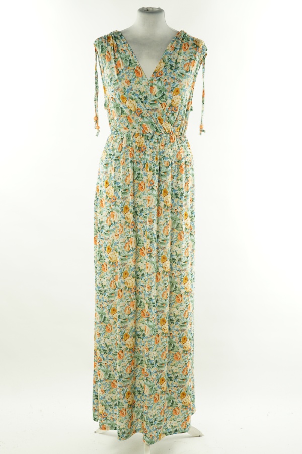 Sukienka niebieska w pomarańczowe kwiaty z gumką w talii - BRAK METKI Z NAZWĄ PRODUCENTA zdjęcie 1