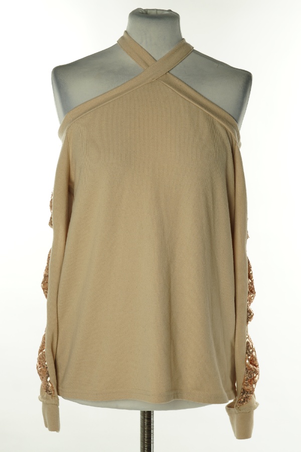 Bluzka sweterkowa beżowa z cekinowymi wstawkami - BRAK METKI Z NAZWĄ PRODUCENTA zdjęcie 1