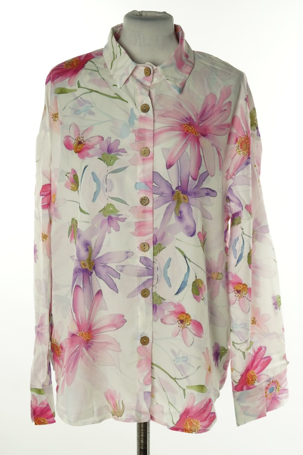 Koszula biała w różowo-fioletowe duże kwiaty - BRAK METKI Z NAZWĄ PRODUCENTA zdjęcie 1