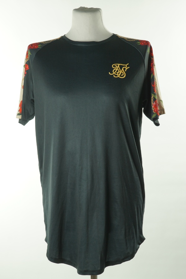 Koszulka czarna z beżową wstawką w kwiaty - SIKSILK zdjęcie 1