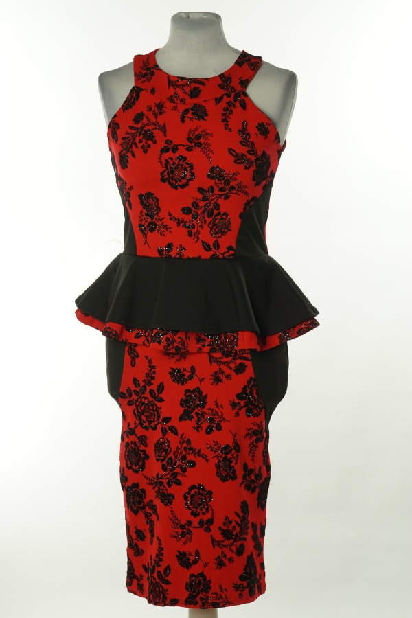 Sukienka czerwono-czarna w kwiaty z baskinką - EVITA zdjęcie 1