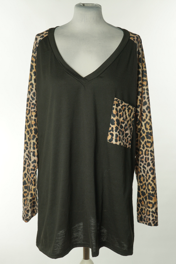 Bluzka czarna z beżowymi wstawkami w cętki - BRAK METKI Z NAZWĄ PRODUCENTA zdjęcie 1