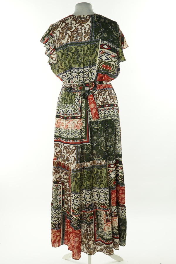 Sukienka bordowo-zielona wzorzysta z paskiem - MILLENIUM zdjęcie 2