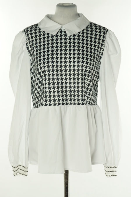 Bluzka biało-czarna w pepitkę z kołnierzykiem