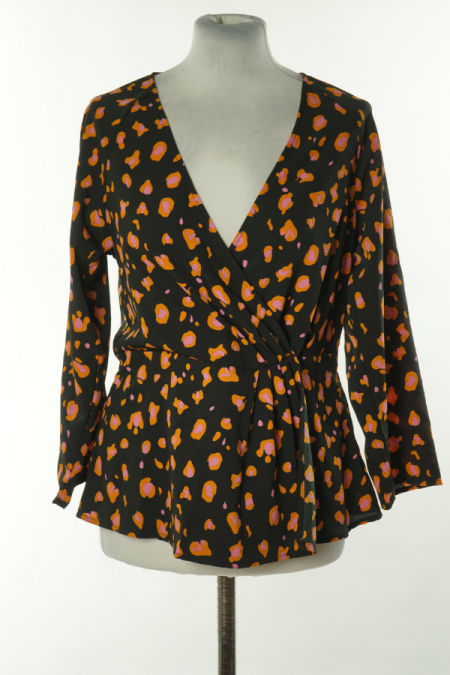 Bluzka czarna w pomarańczowo-różowe ciapki