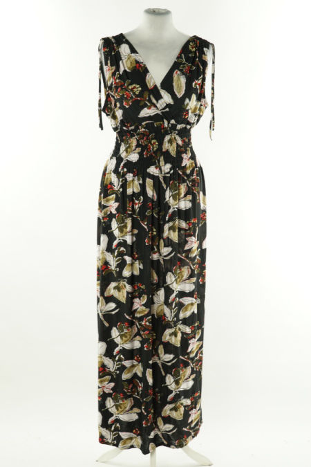 Sukienka czarna w kwiaty z gumką w pasie