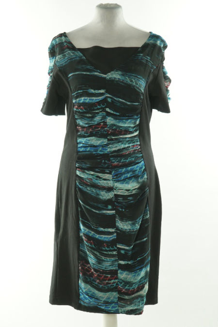 Sukienka niebiesko-czarna w paski, drapowana