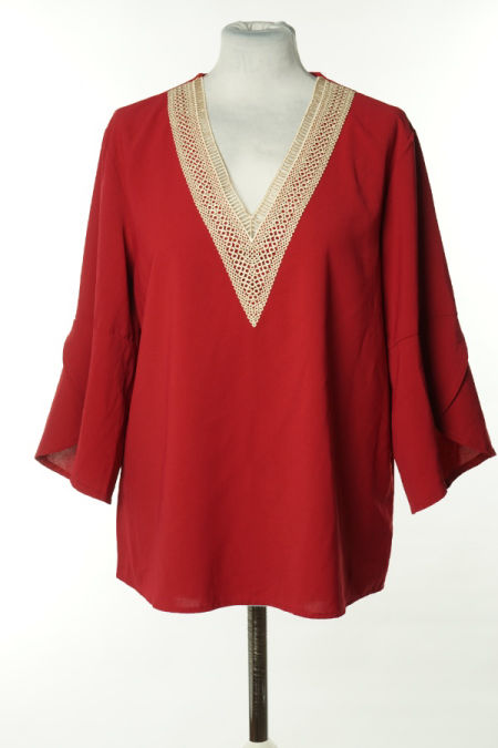 Bluzka różowa z kremową ażurową wstawką