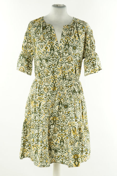 Sukienka śmietankowa w oliwkowo-żółte wzory