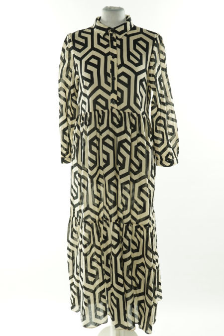 Sukienka beżowo-czarna z kołnierzykiem