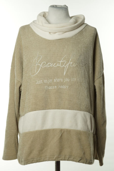 Bluza beżowo - biała z wywijanym kołnierzem