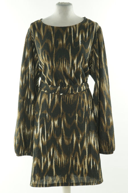 Sukienka brązowo-beżowa z paskiem