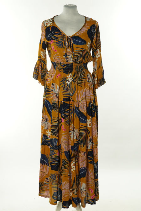 Sukienka miodowa w kwiaty z gumką w talii