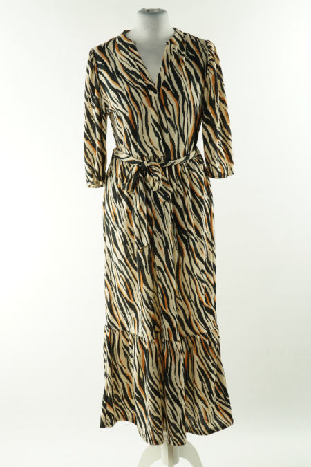 Sukienka beżowa w czarno - rude wzory