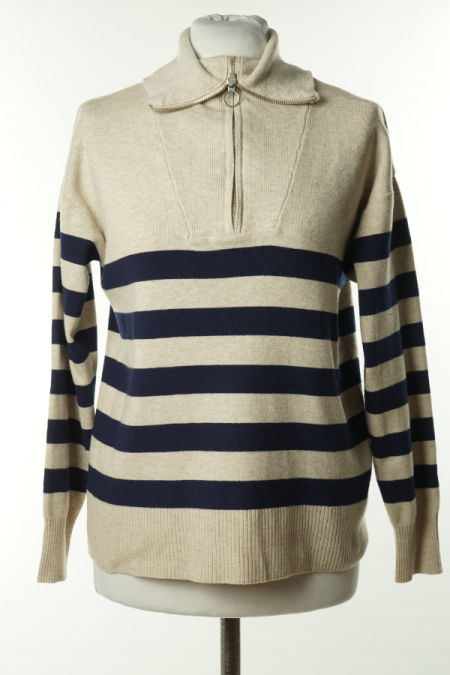 Sweter beżowo - granatowe paski