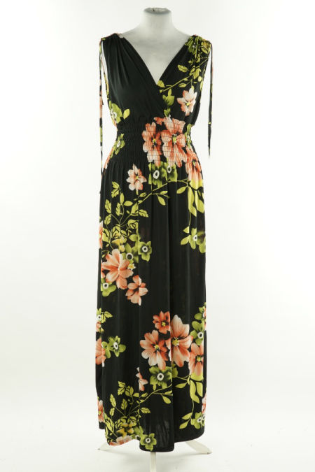 Sukienka czarna w duże łososiowe kwiaty