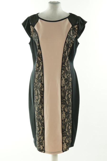 Sukienka beżowo-czarna z wstawką koronkową