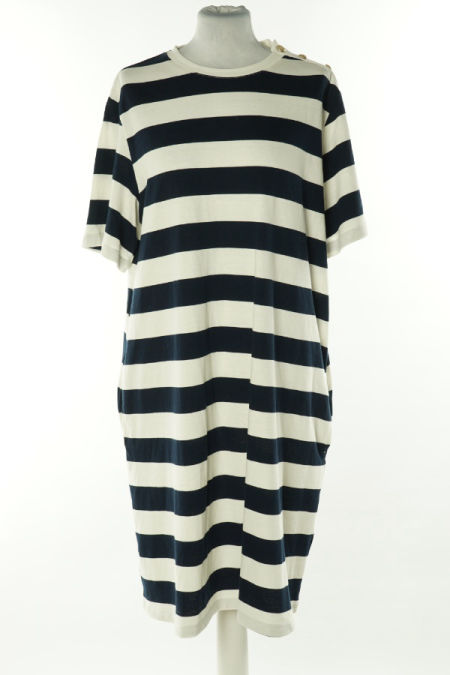 Sukienka kremowo-granatowa w paski