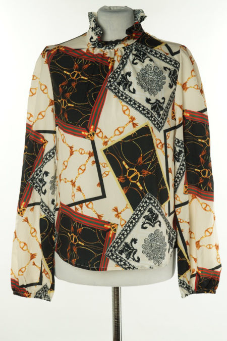 Bluzka ze stójką beżowo czarna wzorzysta