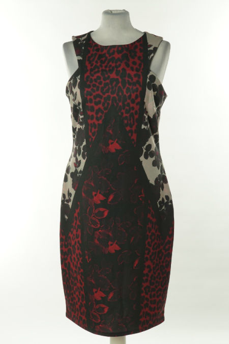 Sukienka szaro-czerwona w cętki i kwiatki