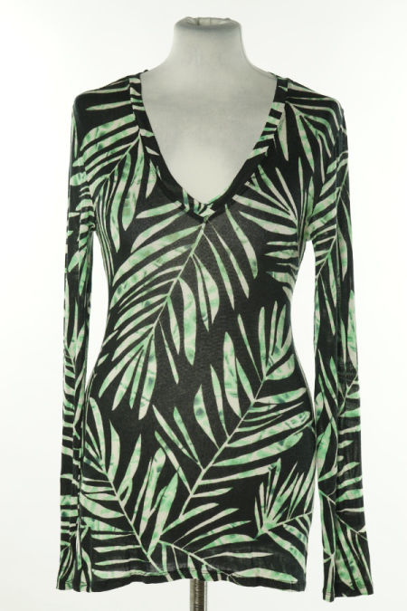 Bluzka czarna w zielono-szare liście