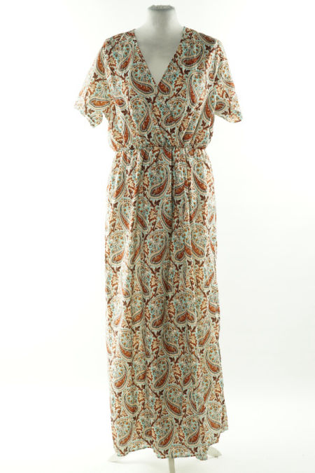 Sukienka miętowa wzorzysta z gumką w talii