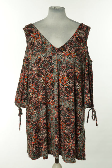 Bluzka pomarańczowo-czarna wzorzysta z odkrytymi ramionami