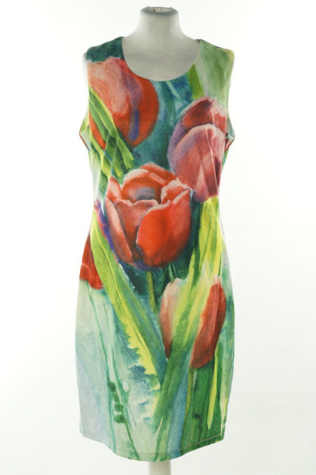 Sukienka zielona duży czerwony kwiat