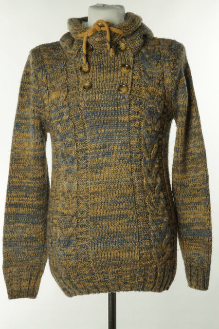 Sweter pomarańczowo - granatowy z kapturem, w składzie wełna (40%)