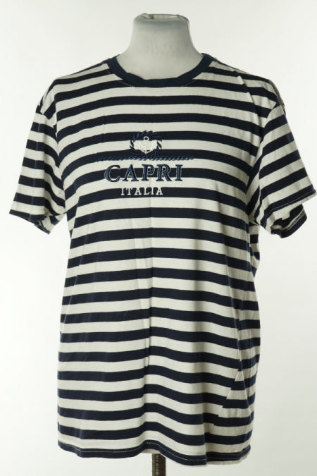 Koszulka w biało - granatowe paski z napisem