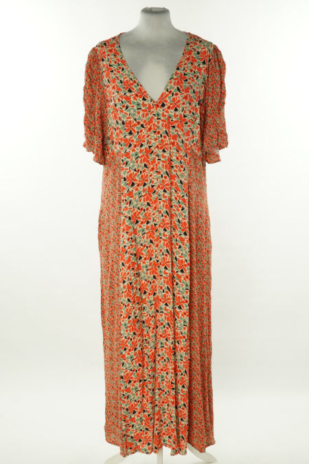 Sukienka beżowo-czerwona wzorzysta