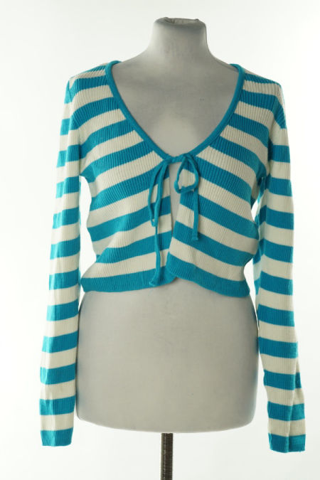 Narzutka biało-niebieska sweterkowa w paski z wiązaniem