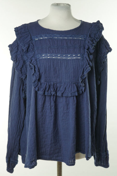 Bluzka granatowa z falbanami i ażurowymi wstawkami