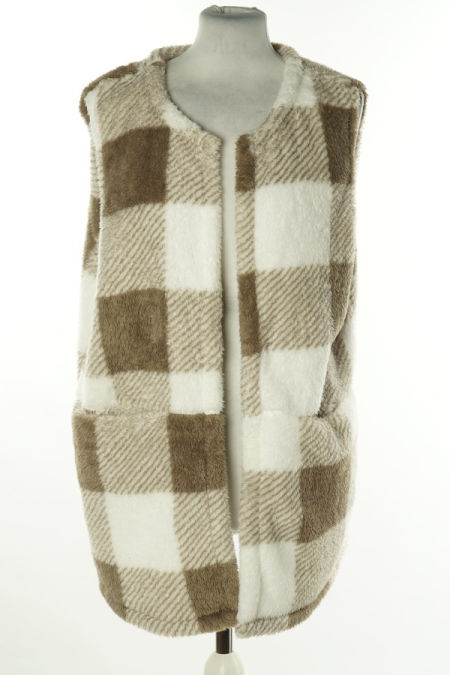 Narzutka polarowa miś w kratkę biało-brązową