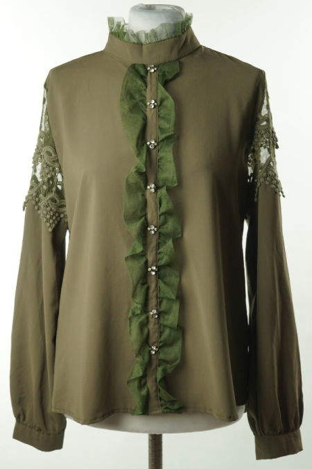 Koszula khaki z kryształkami koronką i siateczką