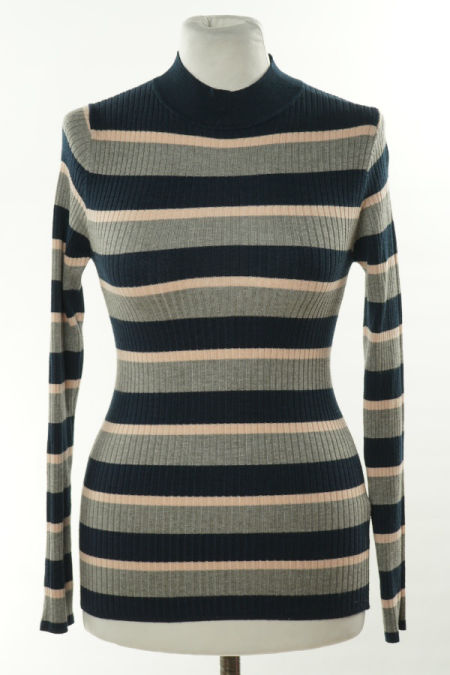 Sweter w szaro-granatowo-rózowe paski