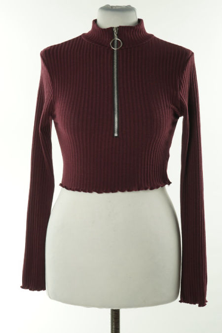 Top śliwkowy prążkowany z długim rękawem