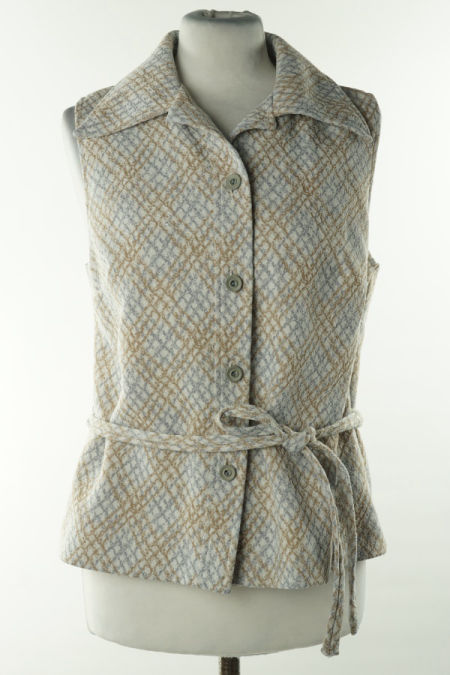 Kamizelka biała w fioletowo-beżowe wzory z paskiem