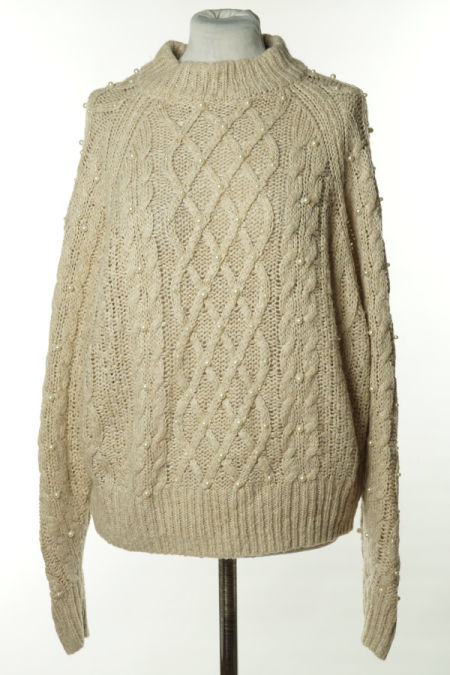 Sweter beżowy ze sztucznymi perełkami, z domieszką wełny (10%)