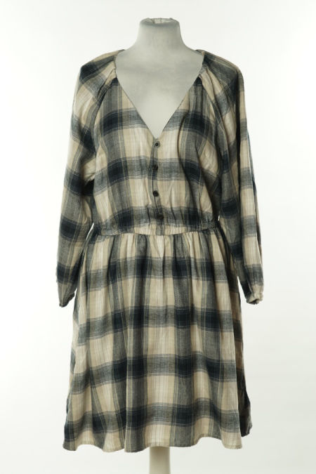 Sukienka beżowo-granatowa w kratkę