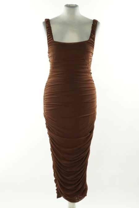 Sukienka czekoladowa drapowana z siateczkowym wierzchem
